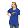 Rainbow Heart Ladies Shirt Jersey Short Sleeve Tee - Model enjoying a sunny day wearing the colorful tee.