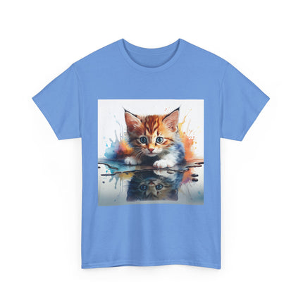 Adorable Cat Reflection Unisex Heavy Cotton Tee, Pet Lover T-Shirt, Animal Art Shirt, Cute Cat Gift for Her, Everyday Casual Wear