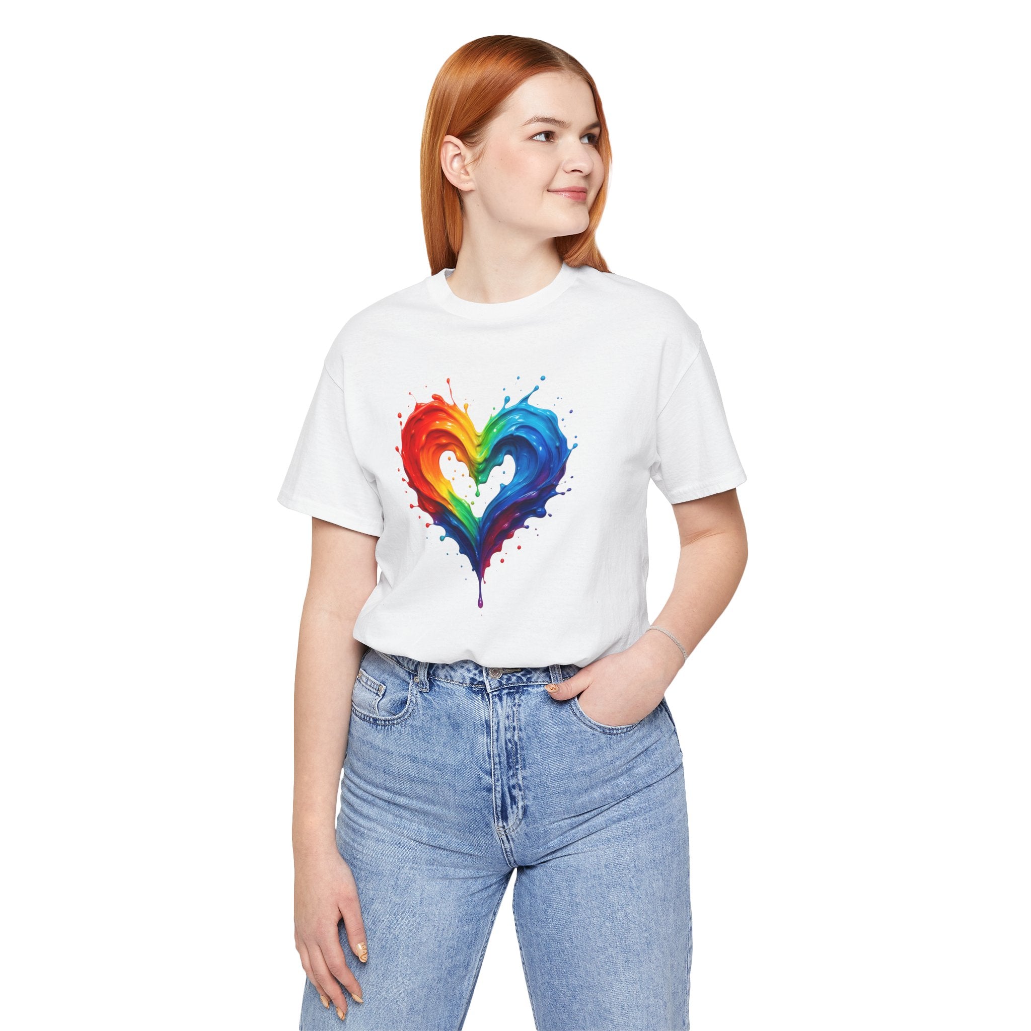 Rainbow Heart Ladies Shirt Jersey Short Sleeve Tee - Casual outfit ensemble featuring the heart tee.