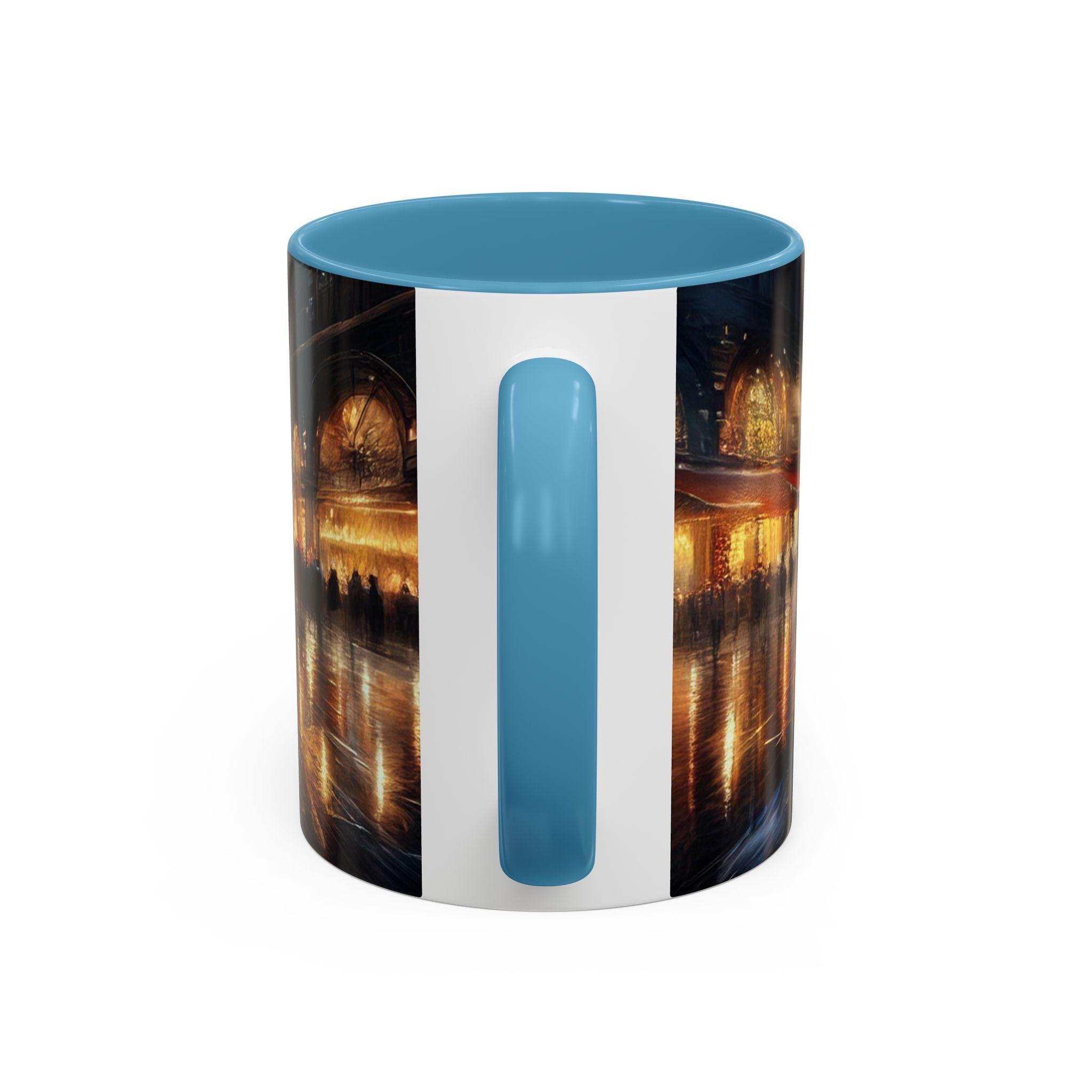 Elegant Nighttime Cityscape Coffee Mug being filled with coffee, highlighting its vibrant colors for coffee lovers.