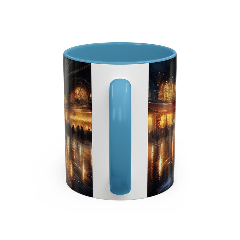 Elegant Nighttime Cityscape Coffee Mug being filled with coffee, highlighting its vibrant colors for coffee lovers.