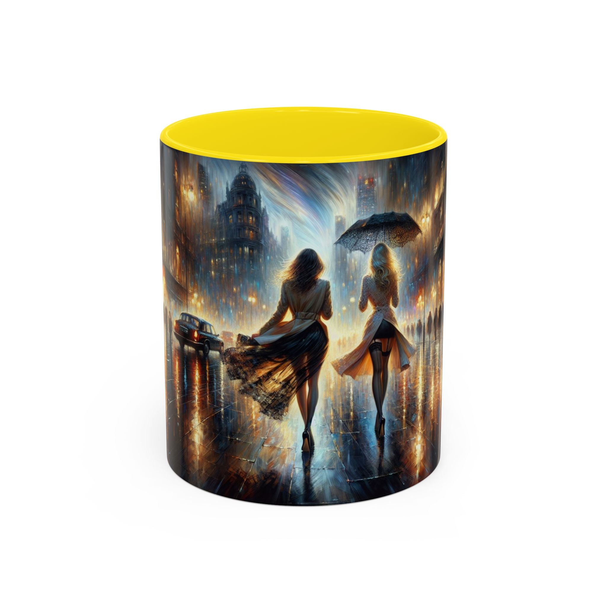 Elegant Nighttime Cityscape Coffee Mug with rich colors, perfect for mornings for coffee lovers.