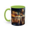 Elegant Nighttime Cityscape Coffee Mug captured on a balcony setting, inviting coffee lovers to enjoy the view.