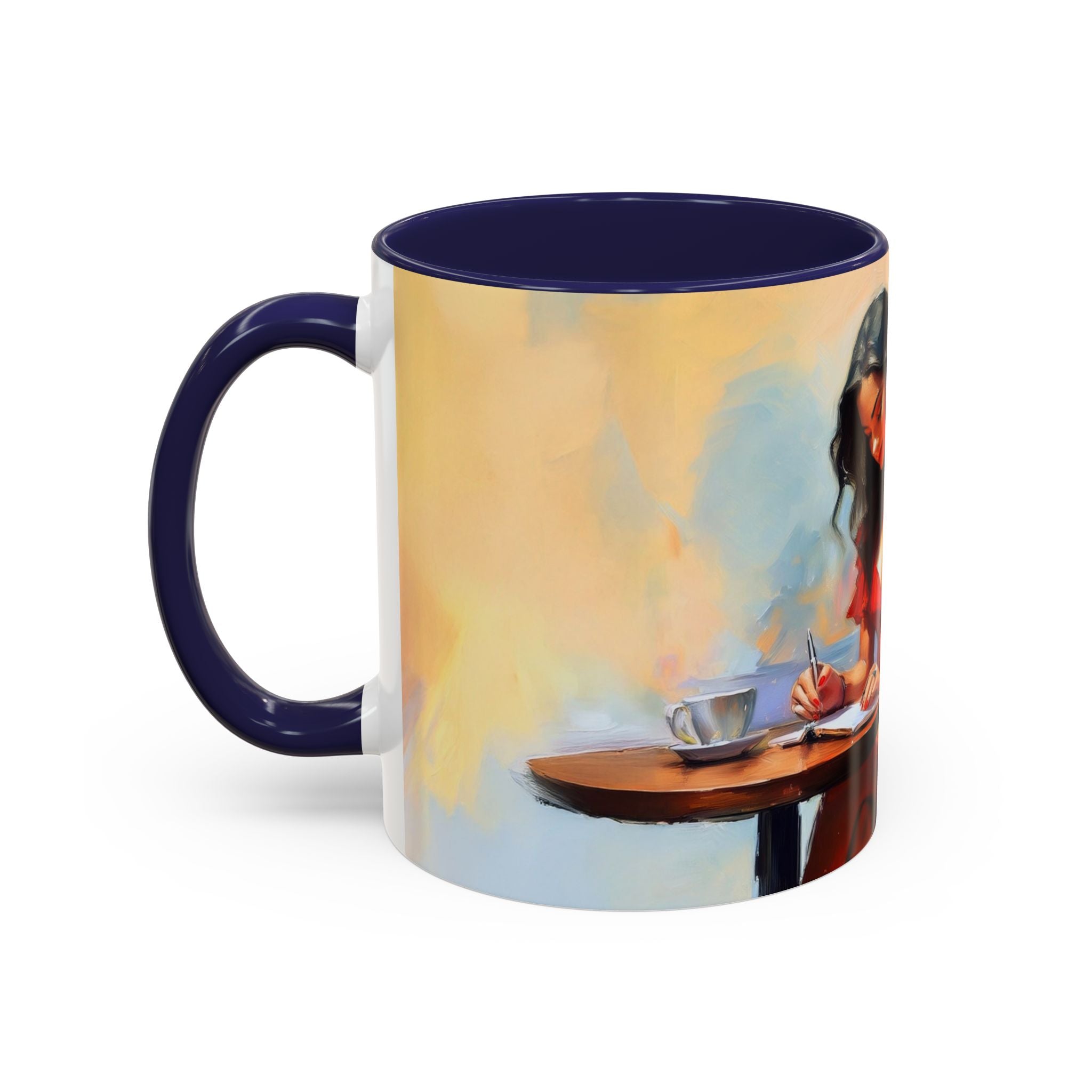 Artistic Red Dress Accent Coffee Mug - 11oz sitting on a coffee table in a bright living room