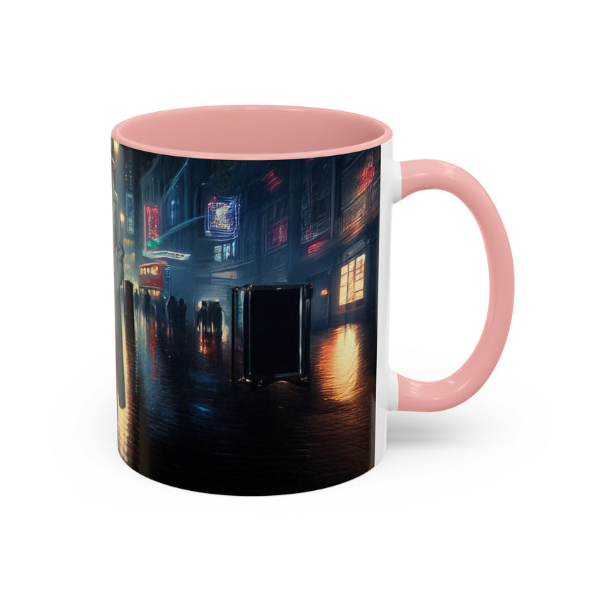 Elegant Urban Nightlife Coffee Mug showcased with other vibrant home decor items.