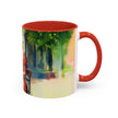 Artistic Red Dress Accent Coffee Mug - 11oz displayed in a trendy cafe setting by the window