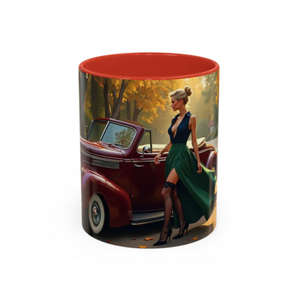 The Vintage Autumn Vibes Coffee Mug filled with steaming coffee.