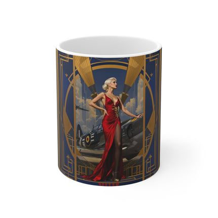 Vintage Glamour Airplane Mug, Aviation Enthusiast Gift, Coffee Cup, Retro, Unique Pilot Mug, Glamour, Retro, Woman, Car, Dress, Red
