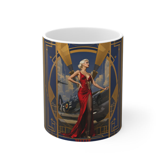 Vintage Glamour Airplane Mug, Aviation Enthusiast Gift, Coffee Cup, Retro, Unique Pilot Mug, Glamour, Retro, Woman, Car, Dress, Red