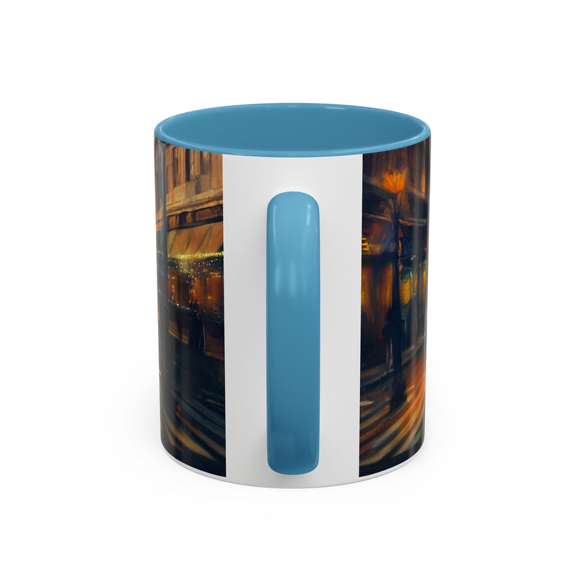 Vintage-Inspired Cityscape Accent Coffee Mug - 11oz & 15oz filled with hot cocoa, perfect for winter.