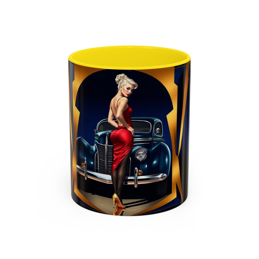 Vintage Pin-Up Coffee Mug - Classic Car Design with bright interior, showcasing a retro style.