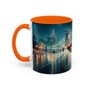 Glamorous Cityscape Coffee Mug surrounded by books, perfect for relaxation with coffee.