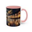 Elegant Nighttime Cityscape Coffee Mug with color palette, inspiring creativity for coffee lovers.