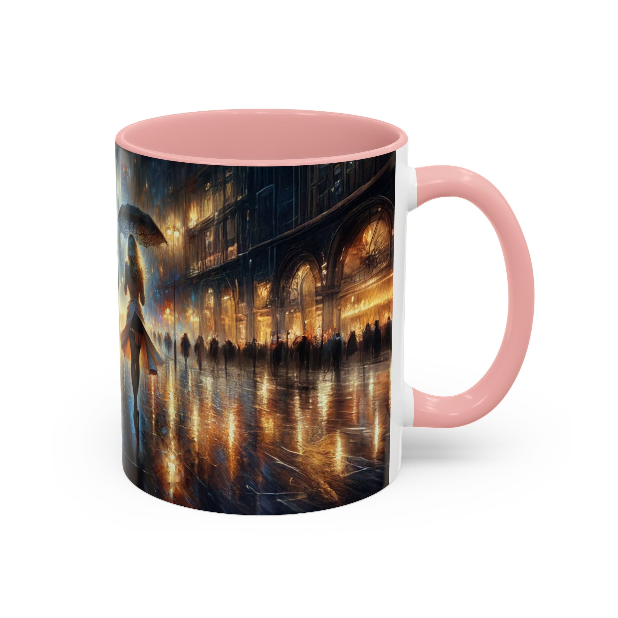 Elegant Nighttime Cityscape Coffee Mug with color palette, inspiring creativity for coffee lovers.