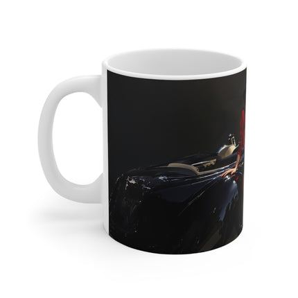 Attractive Woman In Red, Retro Car, Enthusiast Gift, Coffee Cup, Retro, Unique Pilot Mug, Glamour, Retro, Woman, Car, Dress, Red