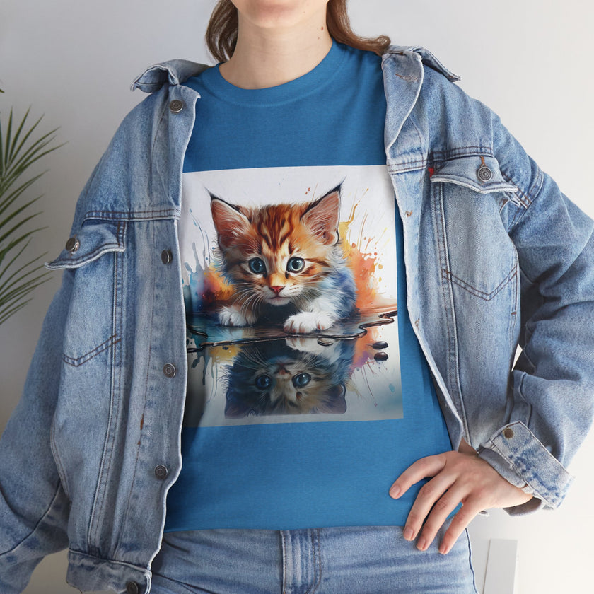 Adorable Cat Reflection Unisex Heavy Cotton Tee, Pet Lover T-Shirt, Animal Art Shirt, Cute Cat Gift for Her, Everyday Casual Wear