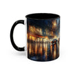 Elegant Nighttime Cityscape Coffee Mug in use at an office desk, ideal for coffee lovers.