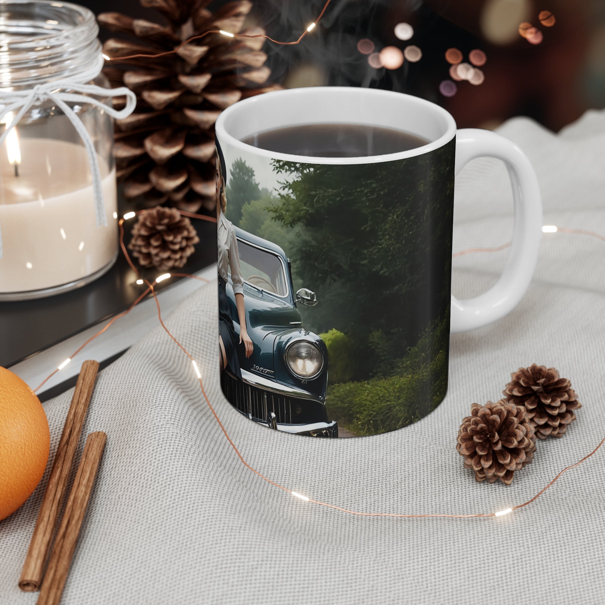 Attractive Woman, Retro Car, London Mug, Enthusiast Gift, Coffee Cup,  Unique, Mug, Glamour, Retro, Woman, Car, Dress, Red , London
