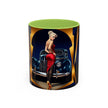 Vintage Pin-Up Coffee Mug - Classic Car Design resting on a wooden table with books.