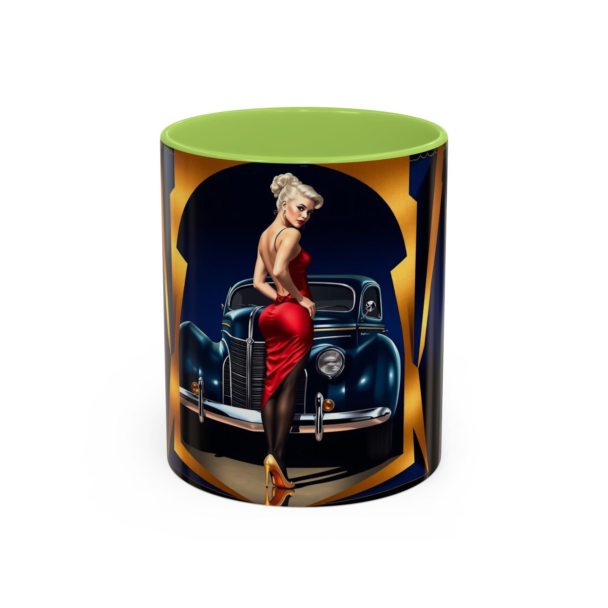 Vintage Pin-Up Coffee Mug - Classic Car Design resting on a wooden table with books.