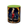 Vintage Pin-Up Coffee Mug - Classic Car Design resting on a wooden table with books.