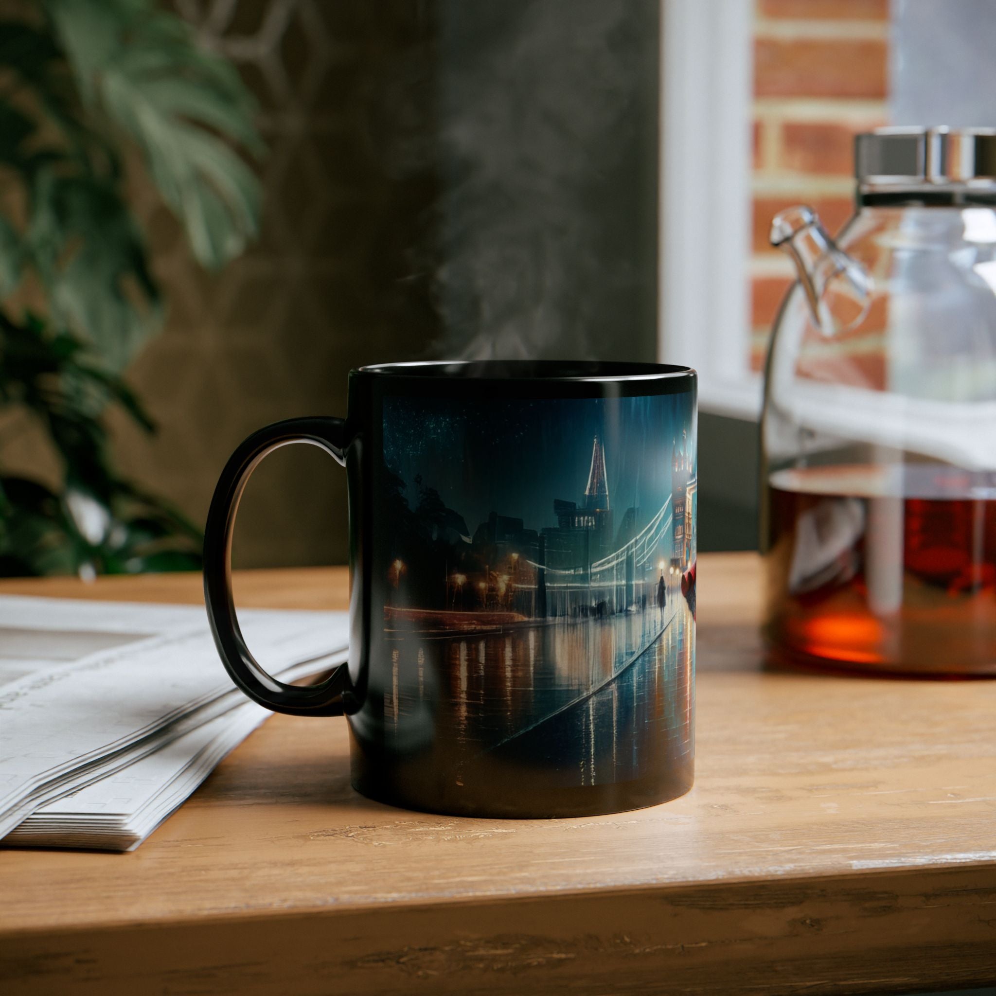 Stylish Urban Scene Mug beside a cozy blanket, enhancing the rainy day vibe of a perfect coffee moment.