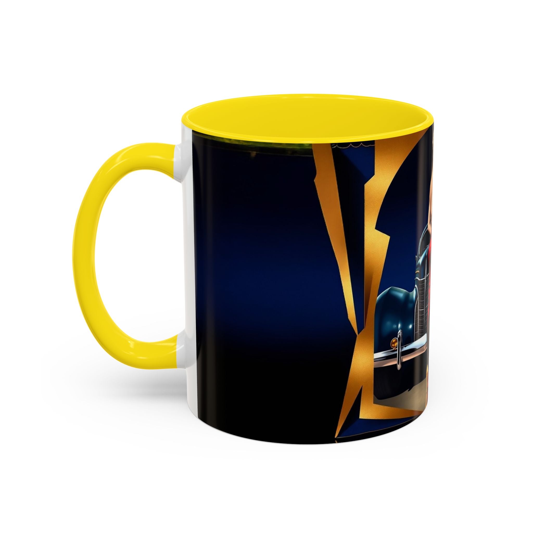 Vintage Pin-Up Coffee Mug - Classic Car Design surrounded by delightful breakfast items.