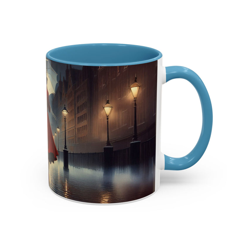 Elegant Red Dress Coffee Mug in a kitchen setup, showcasing its artistic appeal and practicality.