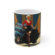 Vintage Glamour Blue Car London Mug, Enthusiast Gift, Coffee Cup, Retro, Unique, Mug, Glamour, Retro, Woman, Dress, Red