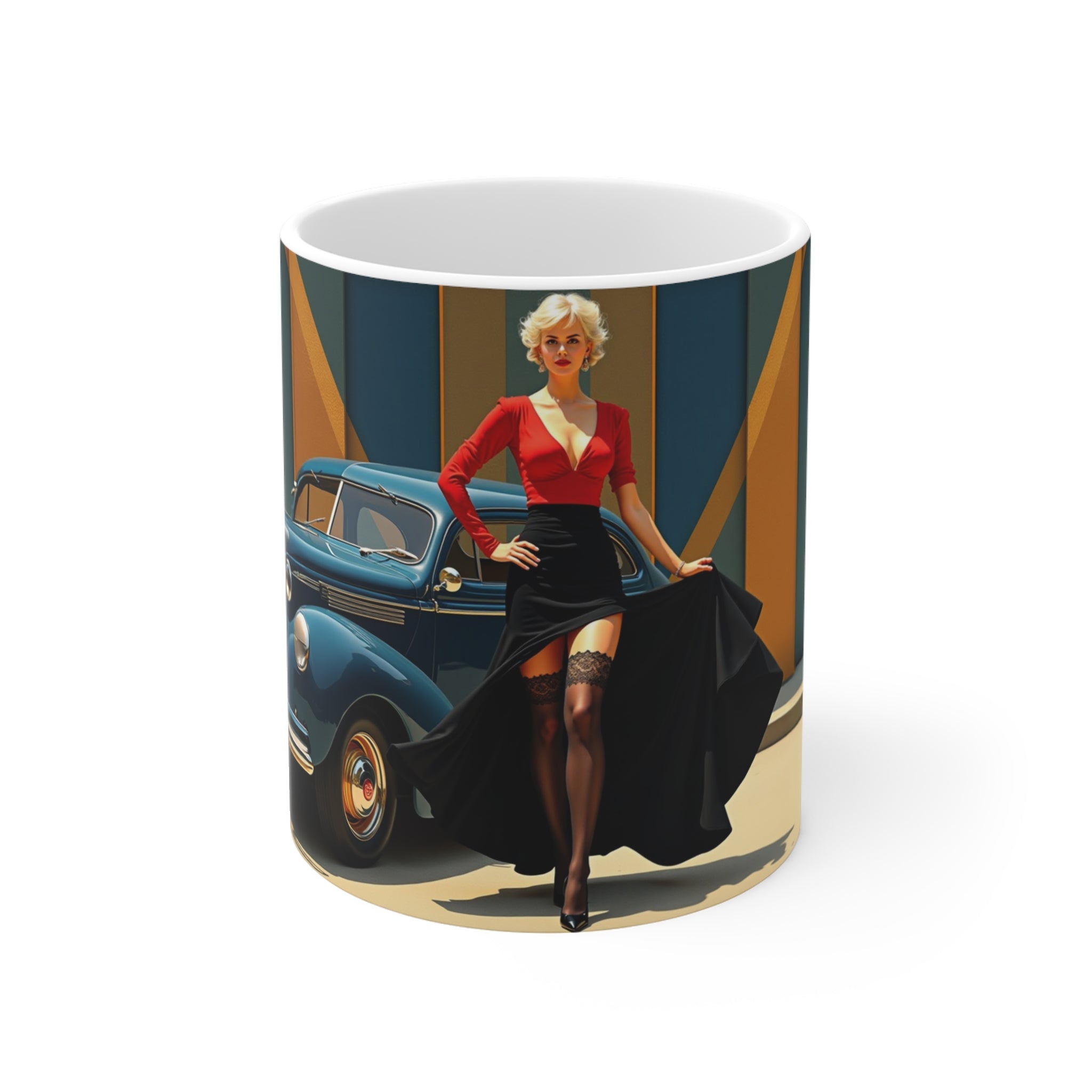 Vintage Glamour Blue Car London Mug, Enthusiast Gift, Coffee Cup, Retro, Unique, Mug, Glamour, Retro, Woman, Dress, Red