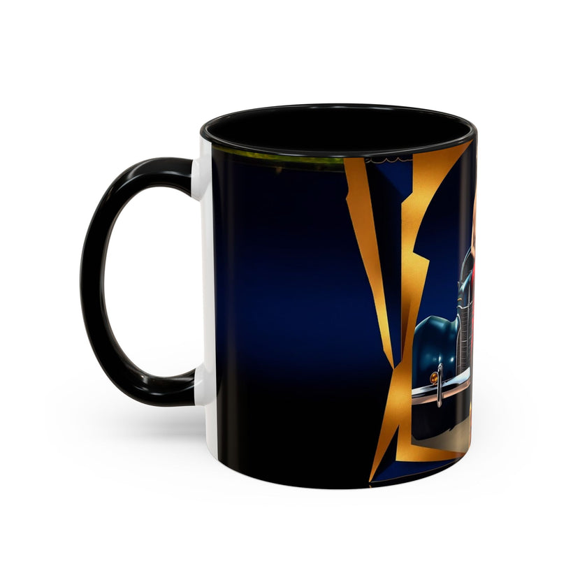 Vintage Pin-Up Coffee Mug - Classic Car Design next to a plate of cookies, perfect for pairing.