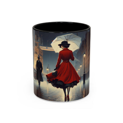 Elegant Red Dress Coffee Mug showcasing vibrant artistic city scene with glossy finish.