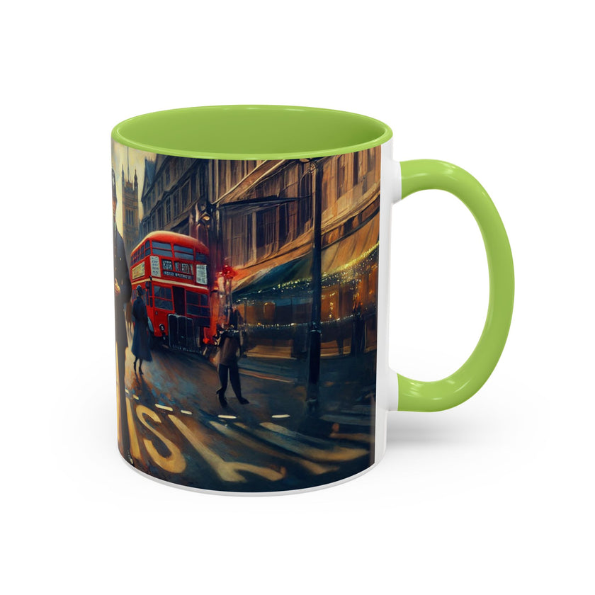 Vintage-Inspired Cityscape Accent Coffee Mug - 11oz & 15oz against vibrant city backdrop.
