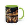 Elegant Nighttime Cityscape Coffee Mug on a trendy tabletop, emphasizing its modern design for coffee lovers.