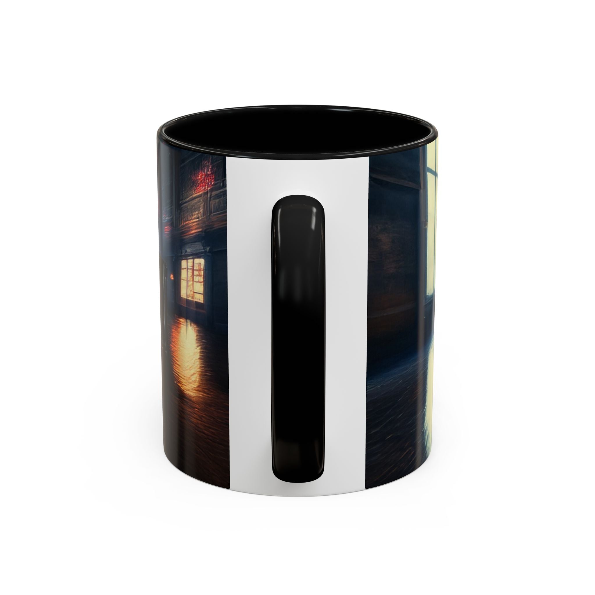 Elegant Urban Nightlife Coffee Mug in use at a café, promoting its stylish appeal for any setting.