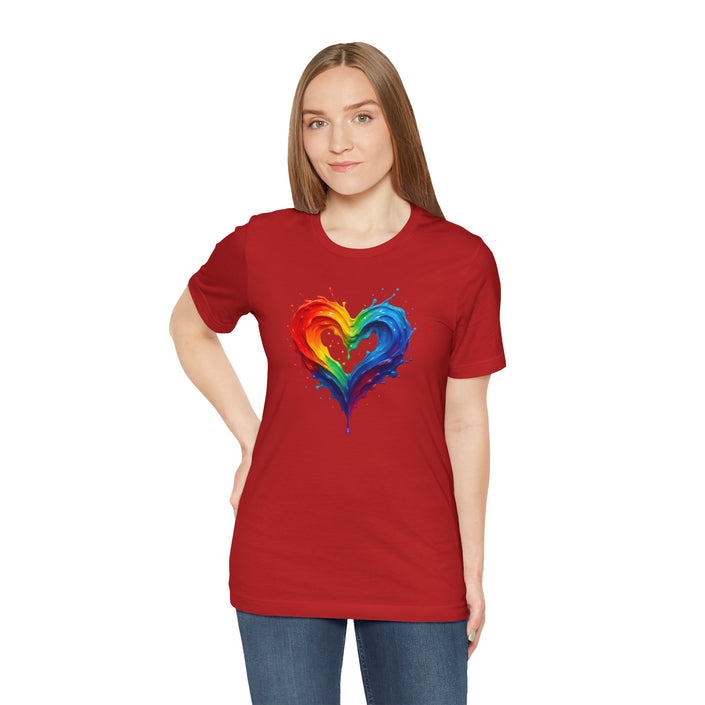 Rainbow Heart Ladies Shirt Jersey Short Sleeve Tee - Display of vibrant colors and love symbol.