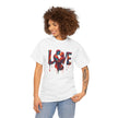 Close-up of Love Unisex Heavy Cotton Tee graphic, showcasing its vibrant 'LOVE' text design.