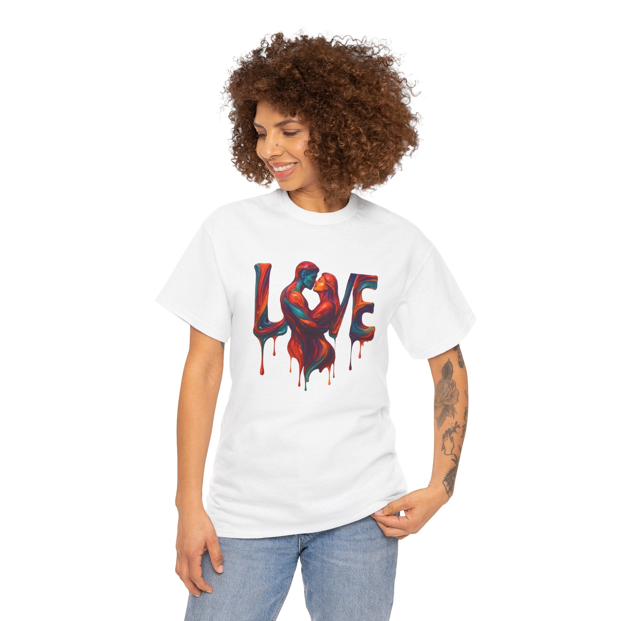 Close-up of Love Unisex Heavy Cotton Tee graphic, showcasing its vibrant 'LOVE' text design.