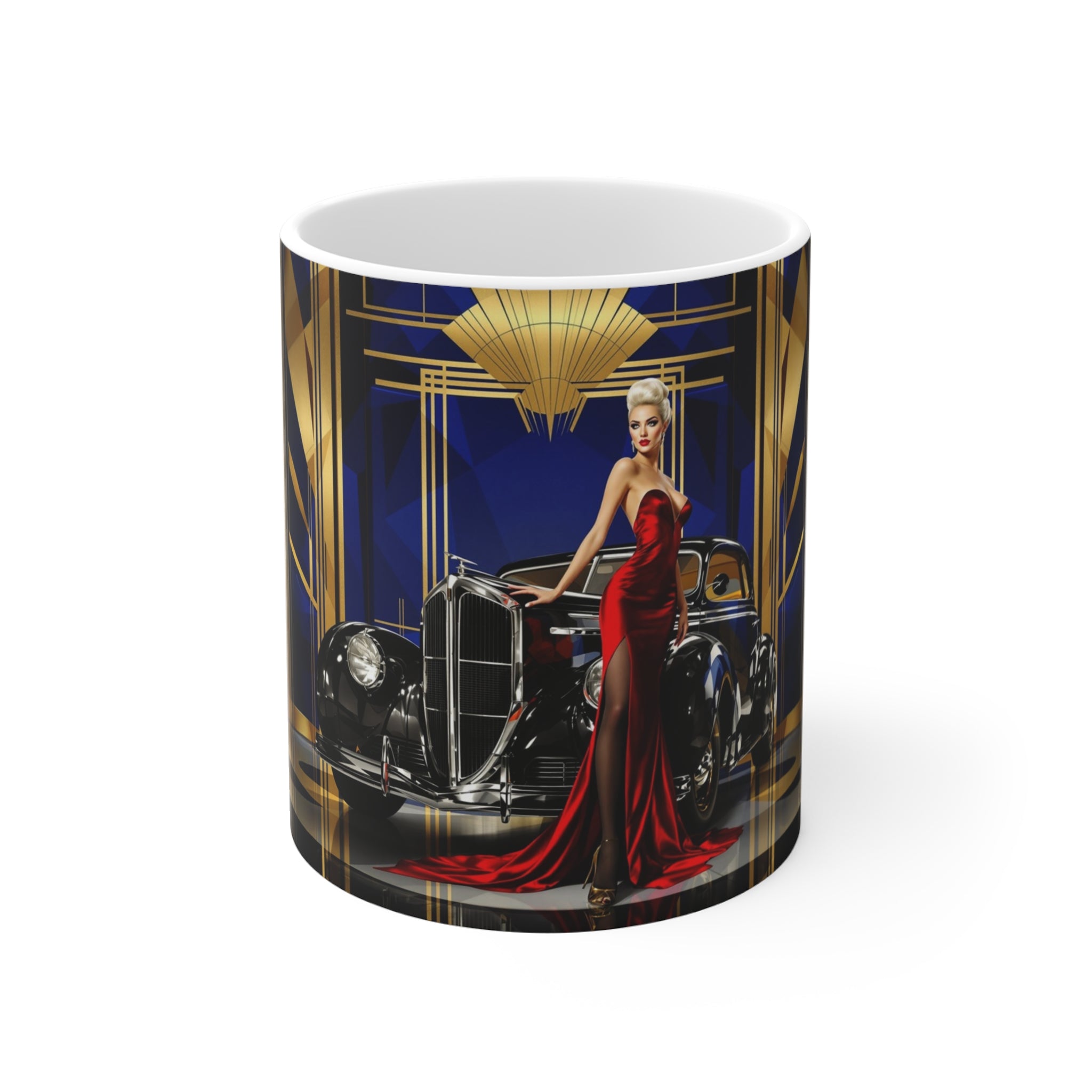 Vintage Glamour Car Mug, Car Enthusiast Gift, Coffee Cup, Retro, Unique Pilot Mug, Glamour, Retro, Woman, Car, Dress, Red