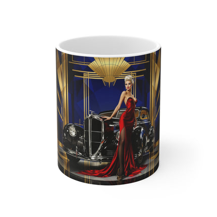 Vintage Glamour Car Mug, Car Enthusiast Gift, Coffee Cup, Retro, Unique Pilot Mug, Glamour, Retro, Woman, Car, Dress, Red