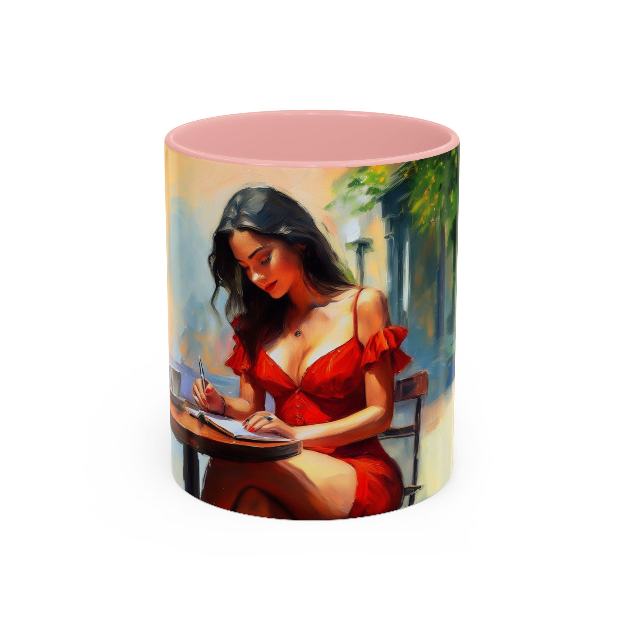 Artistic Red Dress Accent Coffee Mug - 11oz filled with steaming coffee and placed beside an art palette