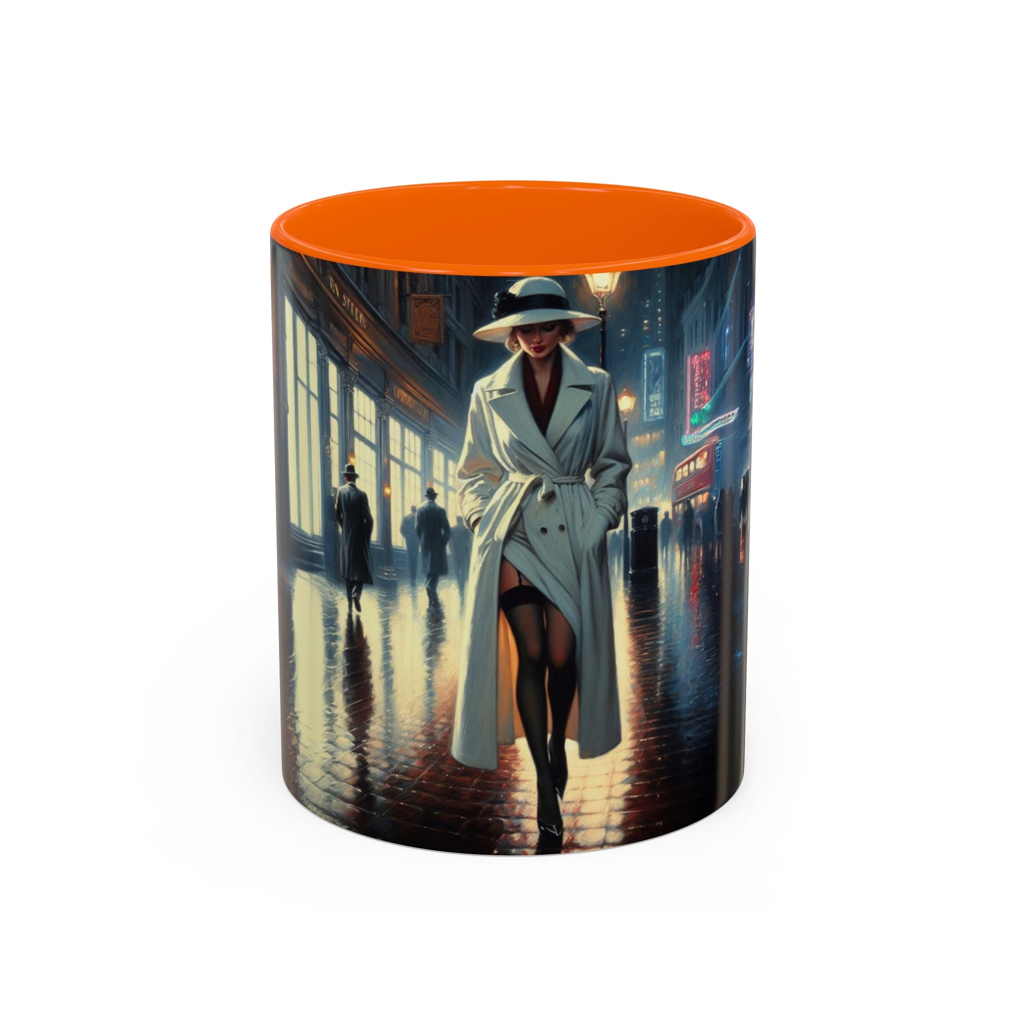 Vibrant Elegant Urban Nightlife Coffee Mug against a colorful backdrop, showcasing its eye-catching design.