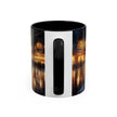 Elegant Nighttime Cityscape Coffee Mug displayed with a beautiful sunset backdrop, perfect for coffee lovers.