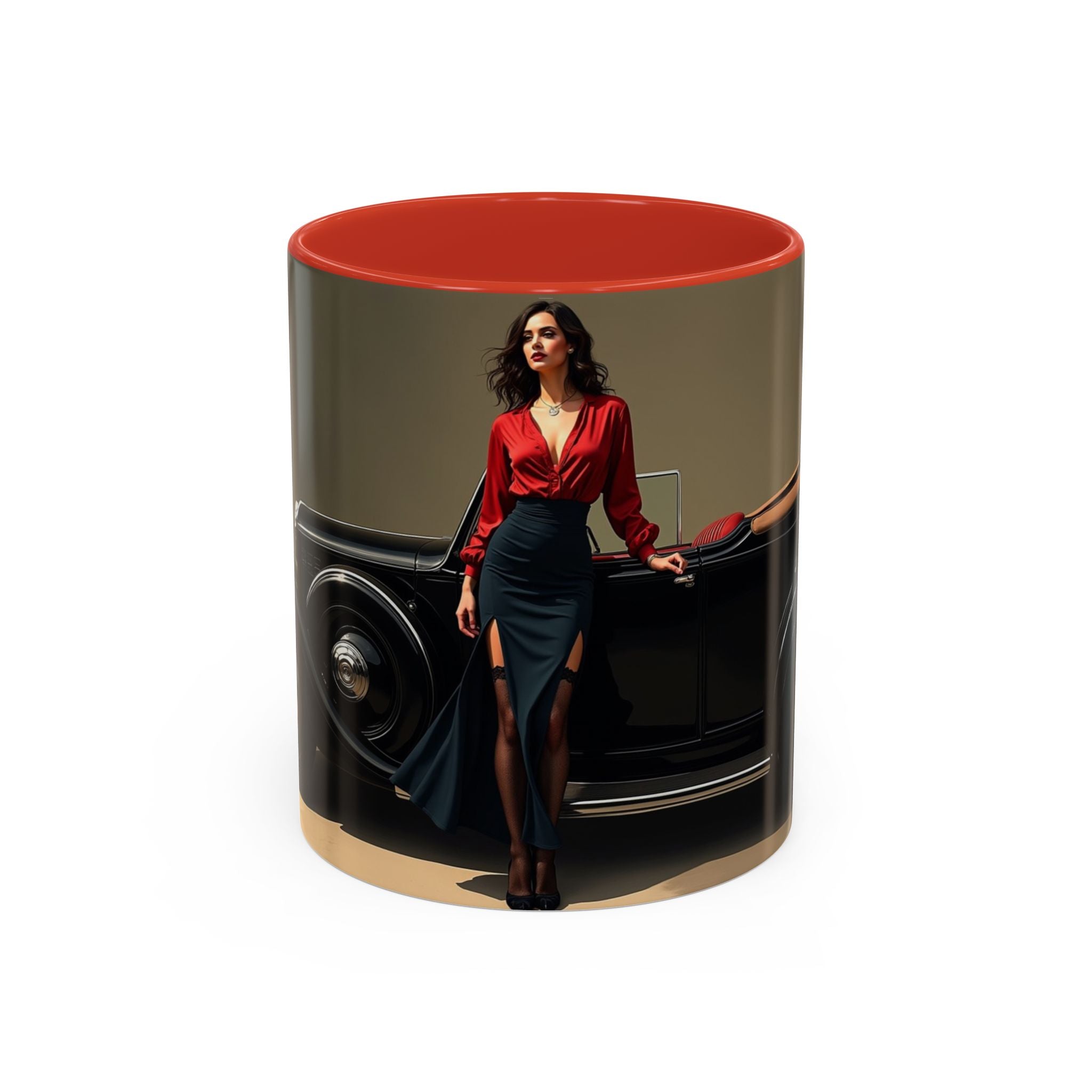 Vibrant ceramic coffee mug with classic car illustration, great gift for car enthusiasts.