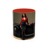 Vibrant ceramic coffee mug with classic car illustration, great gift for car enthusiasts.