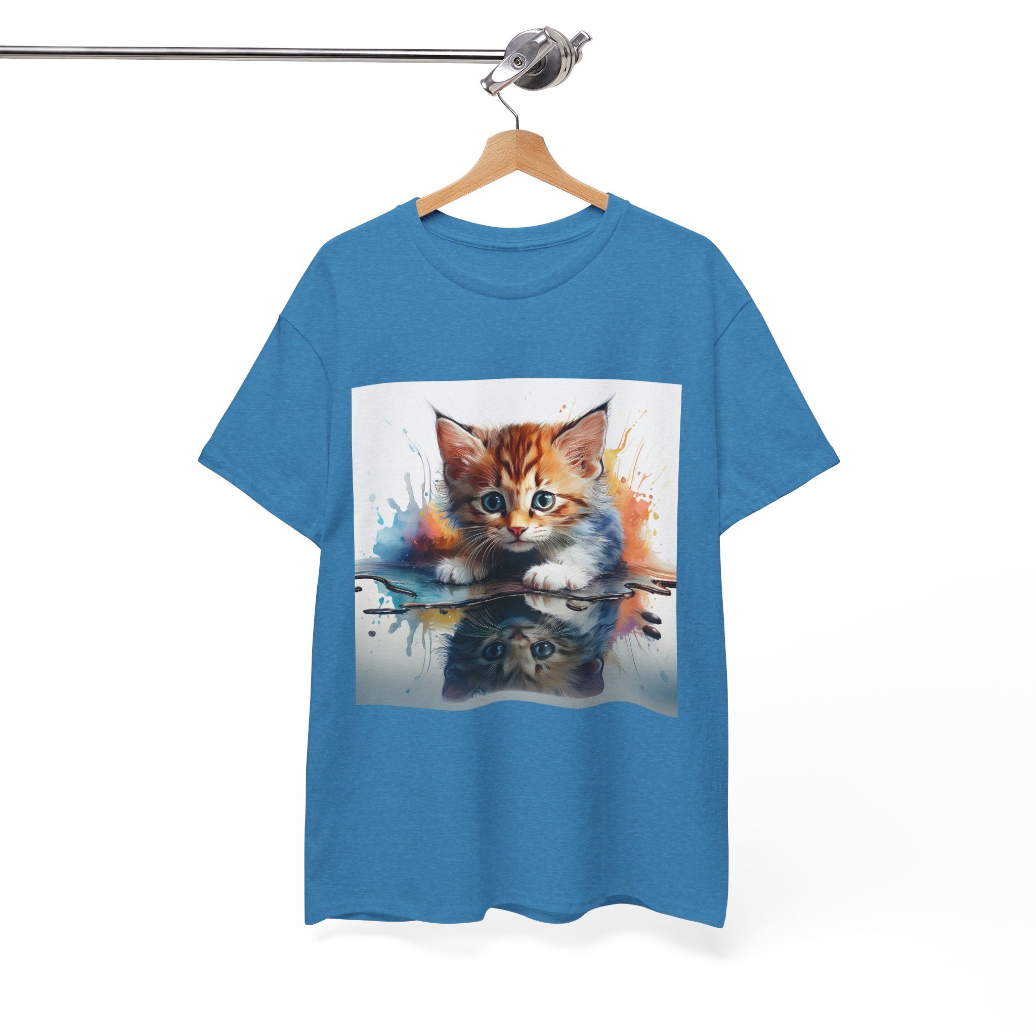 Adorable Cat Reflection Unisex Heavy Cotton Tee, Pet Lover T-Shirt, Animal Art Shirt, Cute Cat Gift for Her, Everyday Casual Wear