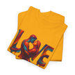 Love Unisex Heavy Cotton Tee photographed against a colorful backdrop, emphasizing artistic expression.