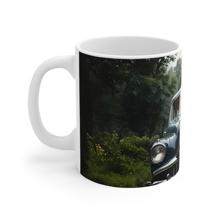 Attractive Woman, Retro Car, London Mug, Enthusiast Gift, Coffee Cup,  Unique, Mug, Glamour, Retro, Woman, Car, Dress, Red , London