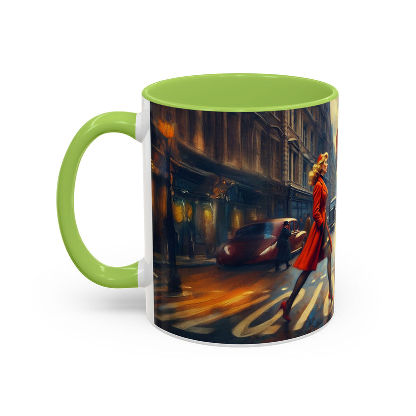 Vintage-Inspired Cityscape Accent Coffee Mug - 11oz & 15oz with a backdrop of artistic landscapes.