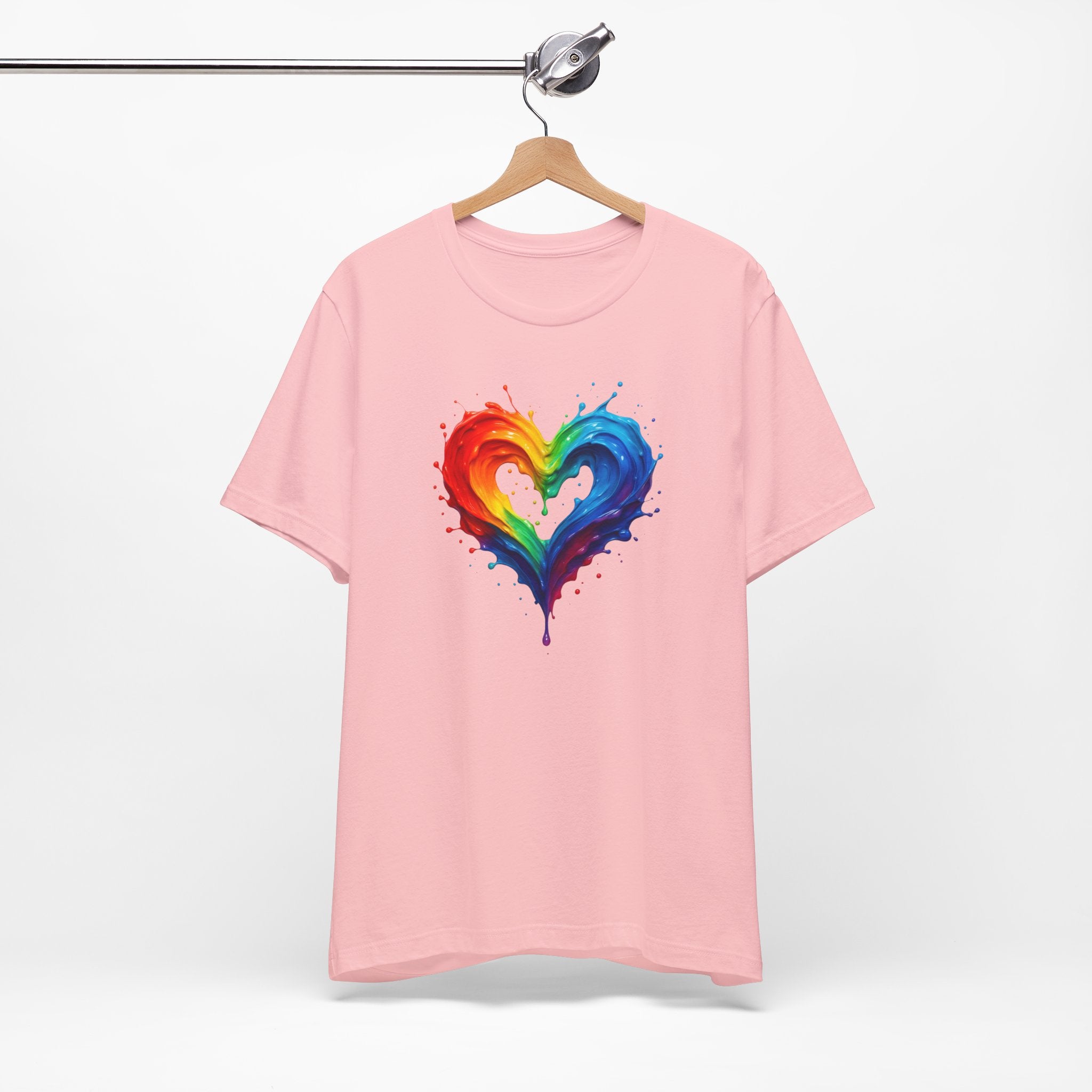 Rainbow Heart Ladies Shirt Jersey Short Sleeve Tee - Model wearing the tee while out with friends.